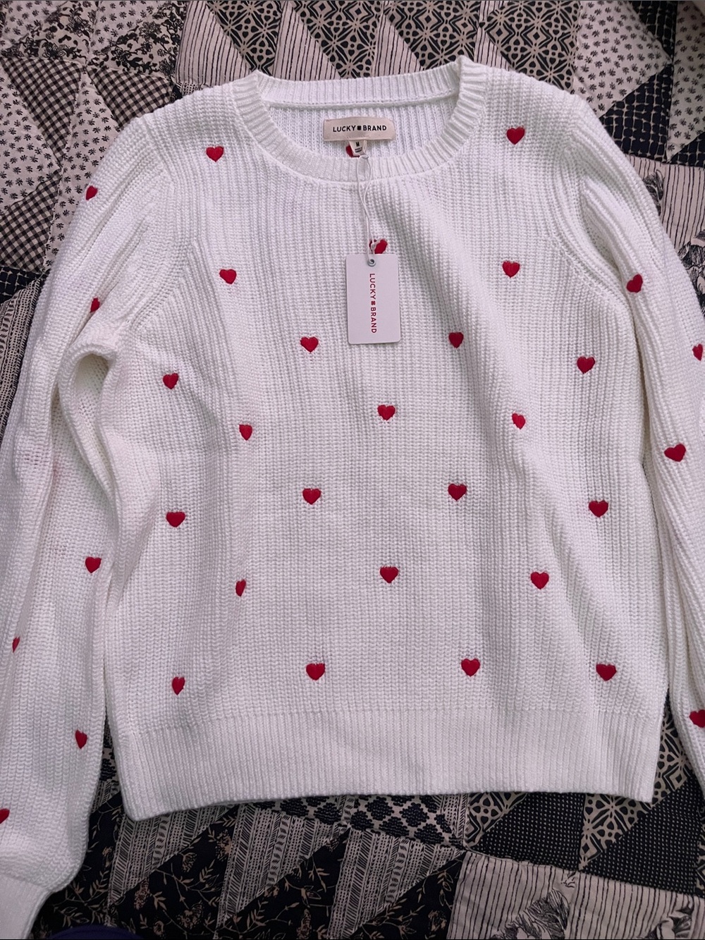 Lucky Brand White Crewneck Sweater with Red Heart Accent